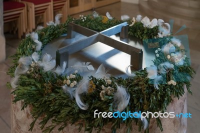 Font In The Maria Hilf Pilgrimage Church In Hallstatt Stock Photo