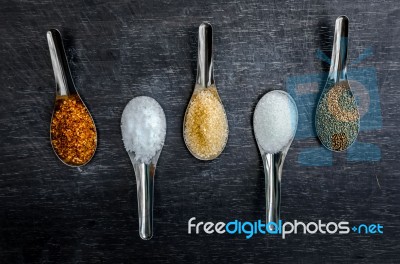 Food Ingredients And Condiment On Table Stock Photo