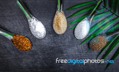 Food Ingredients And Condiment On Table Stock Photo