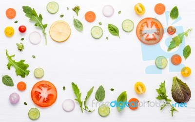 Food Pattern With Raw Ingredients Of Salad. Various Vegetables L… Stock Photo