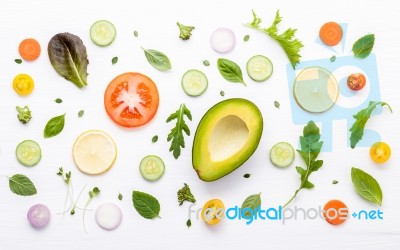 Food Pattern With Raw Ingredients Of Salad. Various Vegetables L… Stock Photo