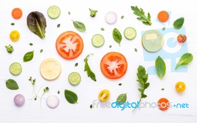 Food Pattern With Raw Ingredients Of Salad. Various Vegetables L… Stock Photo