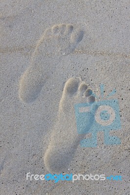 Foot Print On Sand Beach Stock Photo