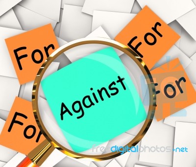 For Against Post-it Papers Shows Supporting Or Opposed To Stock Image