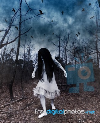 Forest Of The Darkness,3d Illustration Of  Ghost Girl In White Stock Image