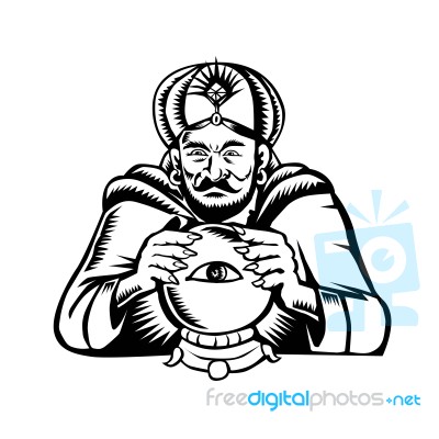 Fortune Teller Eye On Crystall Ball Woodcut Stock Image