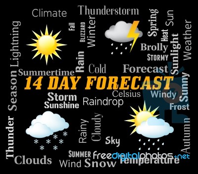 Fourteen Day Forecast Represents Two Weeks Forecasting Stock Image