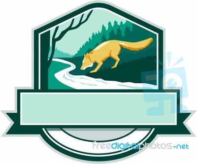 Fox Drinking River Creek Woods Crest Woodcut Stock Image