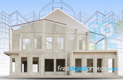 Frame Of Knock Down House Isolated White Background Use For Construction Industry ,and Real Estate Property Land Development Stock Photo