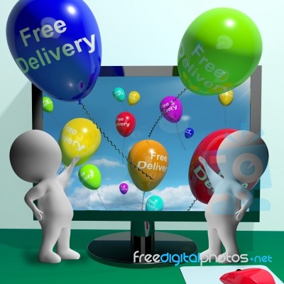 Free Delivery Balloons From Computer Showing No Charge To Delive… Stock Image