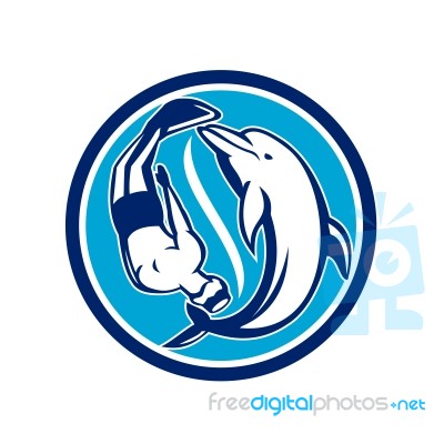 Free Diver And Dolphin Yin Yang Circle Retro Stock Image