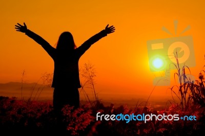 Free Happy Woman Enjoying Nature Sunset Stock Photo