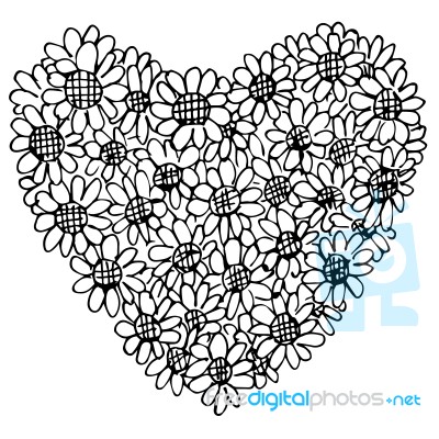 Freehand Illustration Of Retro Flower Design Heart Shape Stock Image