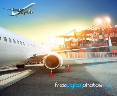 Freight Cargo Plane In Airport And Container Shipping Port Background For Logistic Business Theme Stock Photo