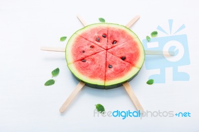 Fresh And Sweet Watermelon Slice Popsicles On White Background Stock Photo