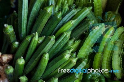 Fresh Angled Loofah Angled Gourd Fruits In Basket Stock Photo