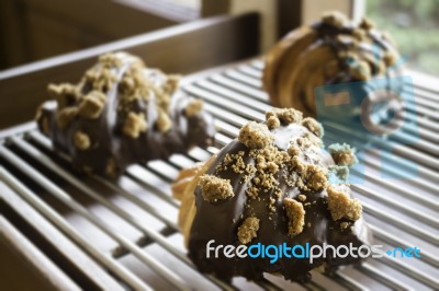 Fresh Baked Chocolate Croissant For Sale Stock Photo