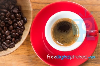 Fresh Brewed Hot Espresso In Red Cup Stock Photo