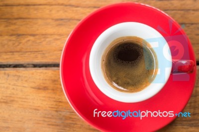 Fresh Brewed Hot Espresso In Red Cup Stock Photo