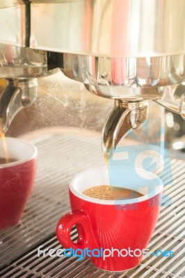 Fresh Brewing Hot Coffee From Espresso Machine With Vintage Filt… Stock Photo