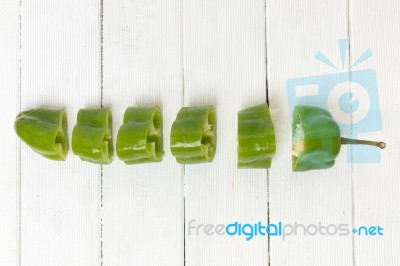 Fresh Cayenne Sweet Pepper Sliced In Pieces Stock Photo