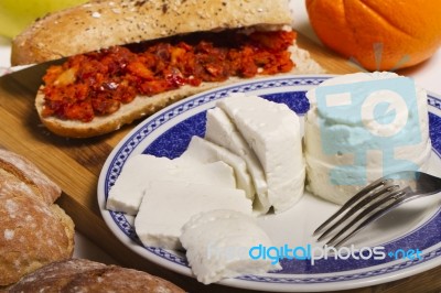 Fresh Cheese And Chorizo Stock Photo