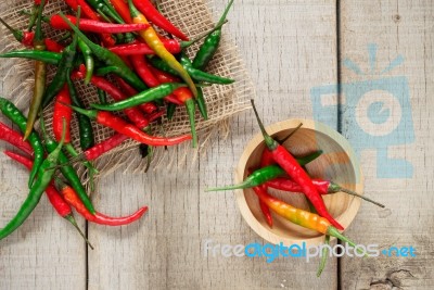 Fresh Chilli Wooden Floor Stock Photo