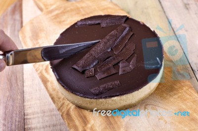 Fresh Classic Homemade Cheesecake With Dark Chocolate Topping Stock Photo