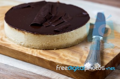 Fresh Classic Homemade Cheesecake With Dark Chocolate Topping Stock Photo