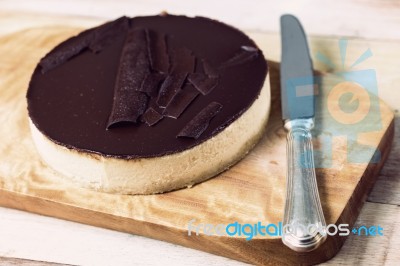 Fresh Classic Homemade Cheesecake With Dark Chocolate Topping Stock Photo