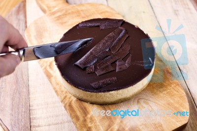 Fresh Classic Homemade Cheesecake With Dark Chocolate Topping Stock Photo