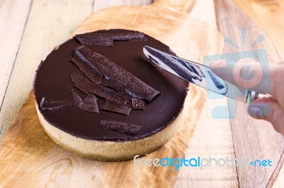 Fresh Classic Homemade Cheesecake With Dark Chocolate Topping Stock Photo