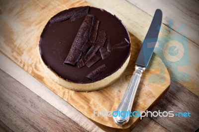 Fresh Classic Homemade Cheesecake With Dark Chocolate Topping Stock Photo