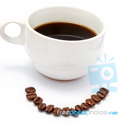 Fresh Cup Coffee Shows Coffees Tasty And Seed Stock Photo