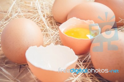 Fresh Farm Eggs On A Wooden Rustic Background Stock Photo