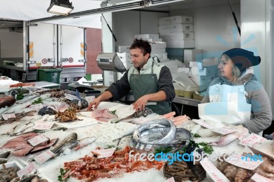 Fresh Fish Market Stall In Monza Stock Photo