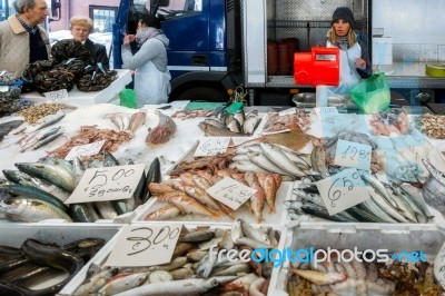 Fresh Fish Market Stall In Monza Stock Photo