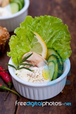 Fresh Garlic Cheese Dip Salad Stock Photo