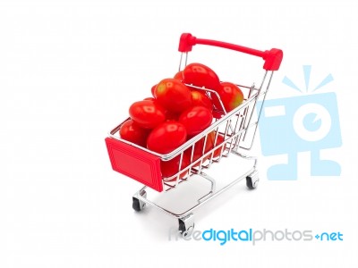 Fresh Grape Or Cherry Tomato In Shopping Cart On White Backgroun… Stock Photo