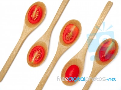 Fresh Grape Or Cherry Tomato With Wooden Spoon On White Backgrou… Stock Photo