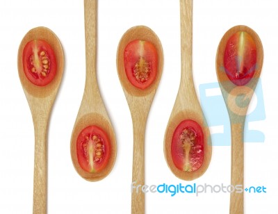 Fresh Grape Or Cherry Tomato With Wooden Spoon On White Backgrou… Stock Photo