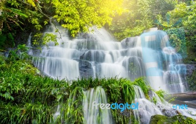 Fresh Green Plant And Rock In Middle Mun Dang Waterfall Rain Sea… Stock Photo