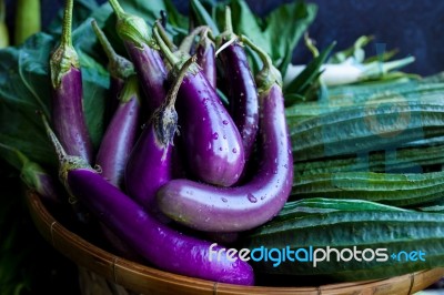 Fresh Healthy Eggplants On Dark Background Stock Photo