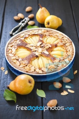 Fresh Homemade Pear Frangipane Tart Stock Photo