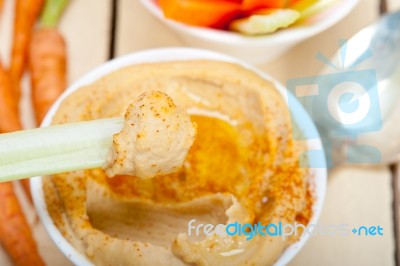 Fresh Hummus Dip With Raw Carrot And Celery Stock Photo