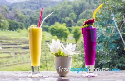 Fresh Jackfruit Juice And Dragon Fruit Juice Stock Photo