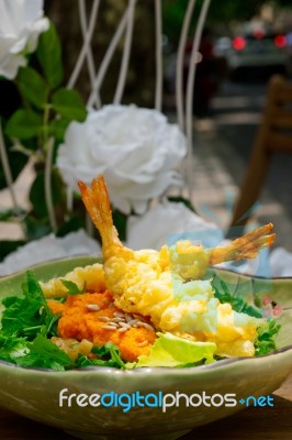 Fresh Japanese Tempura Shrimps With Salad Stock Photo