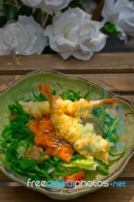 Fresh Japanese Tempura Shrimps With Salad Stock Photo