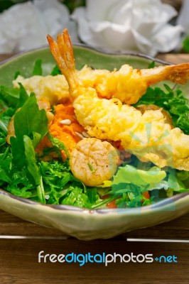 Fresh Japanese Tempura Shrimps With Salad Stock Photo