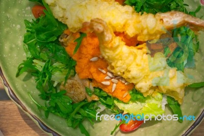 Fresh Japanese Tempura Shrimps With Salad Stock Photo